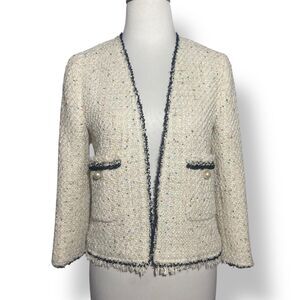 Zara Tweed Jacket Blazer Women XS Sequins Cream White Classic Smart Bloggers Fav